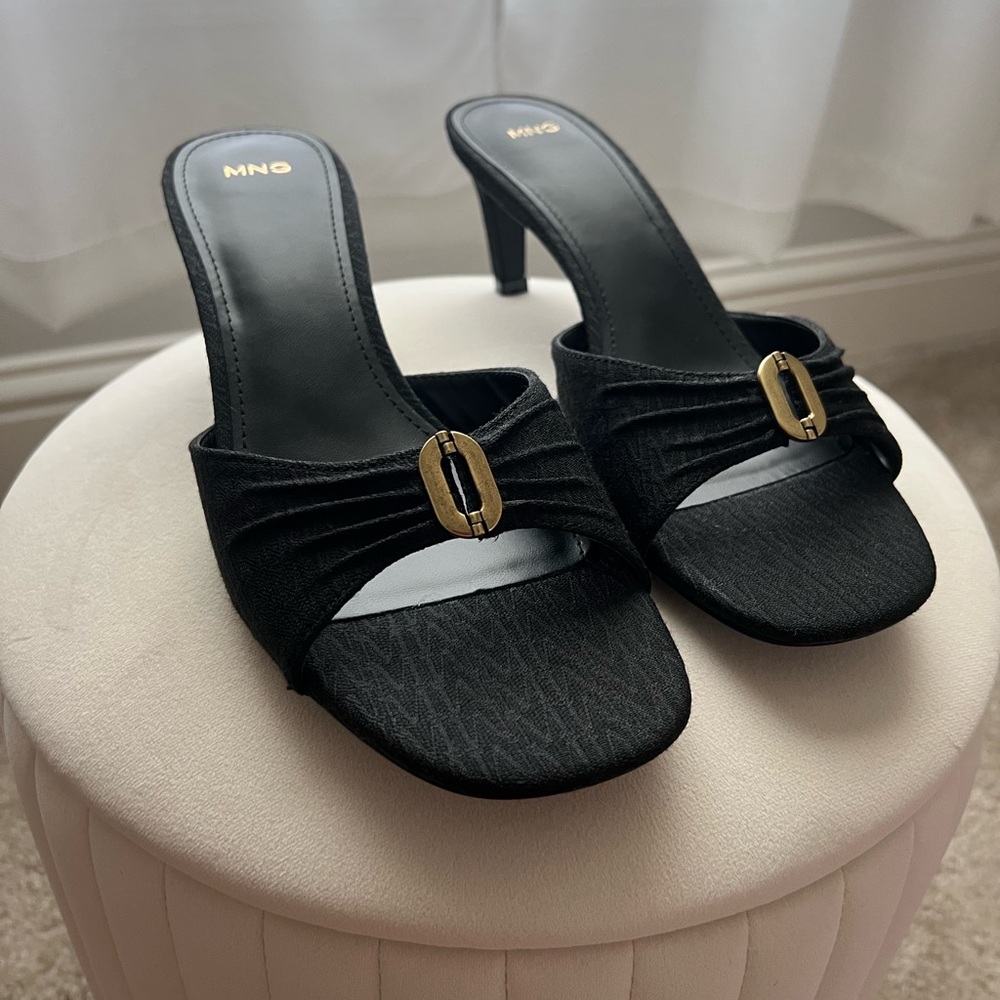 Mango Elegant Black Heeled Mules with Gold Detail